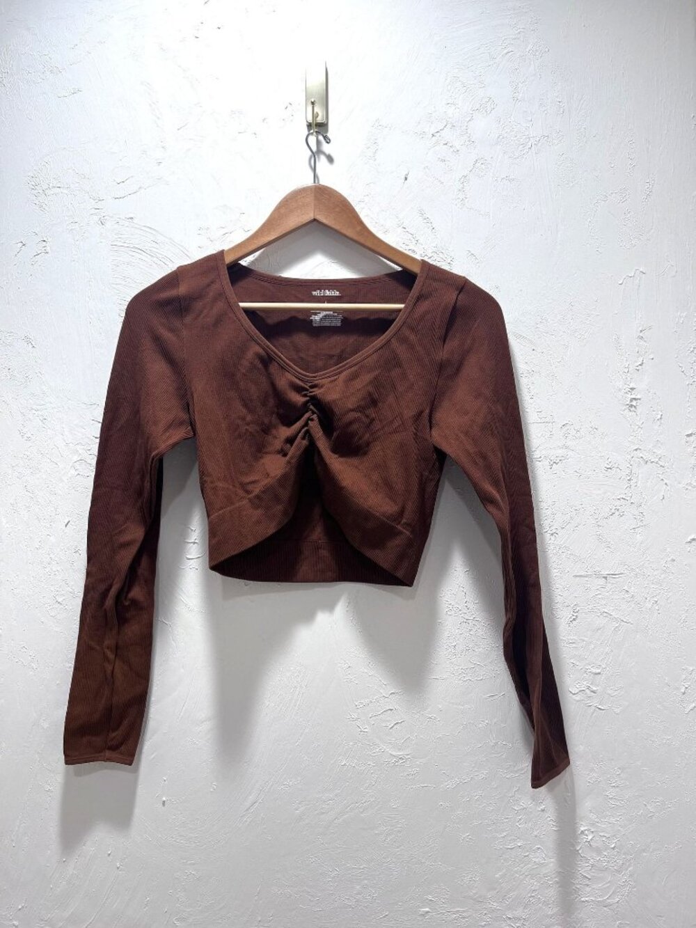 Wild Fable Brown Long Sleeve Cropped Top With Ruched Front Size XS